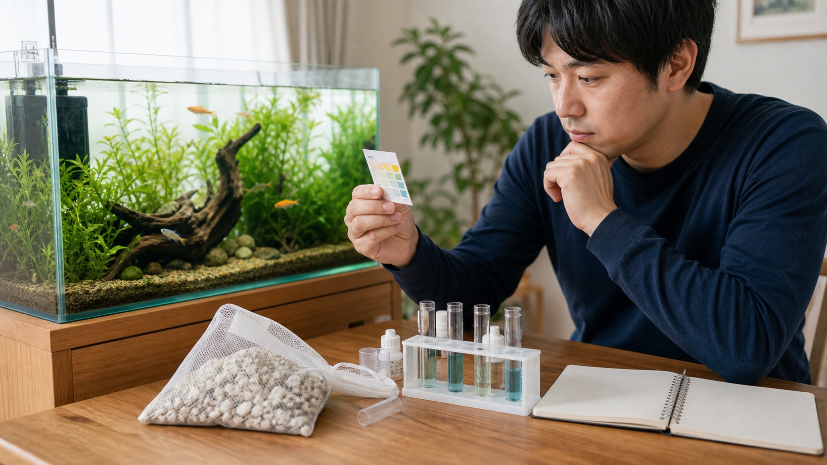 水槽に牡蠣殻を入れる前に水質を確認している生活シーン
