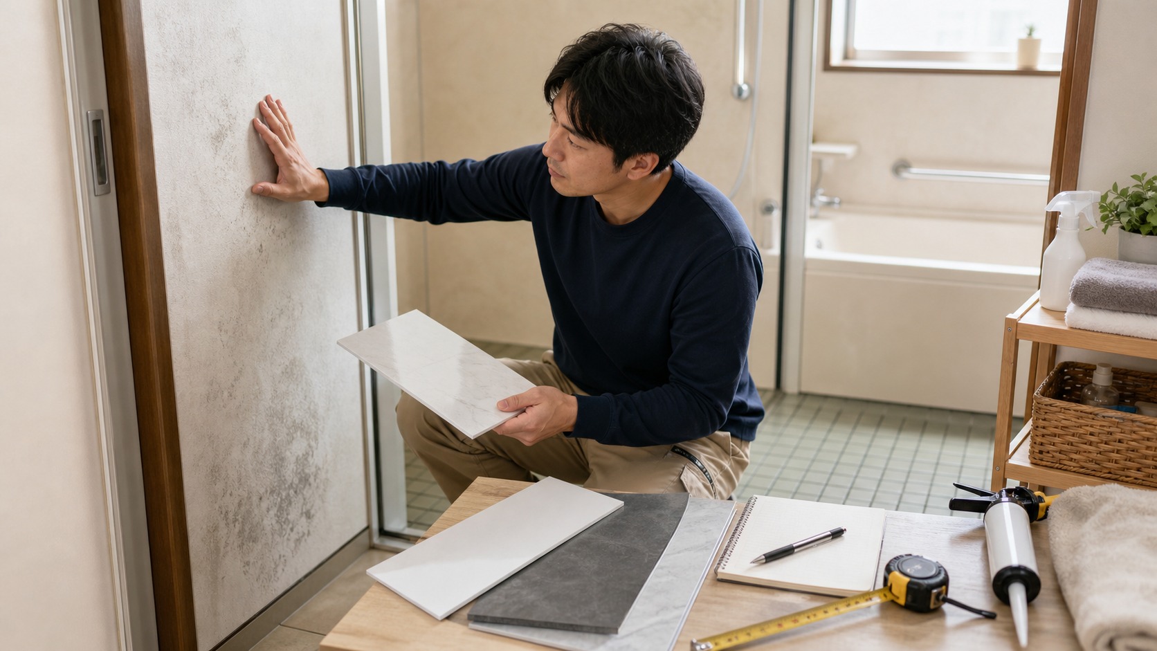 浴室にアルミ複合板を貼る前に比較している生活シーン