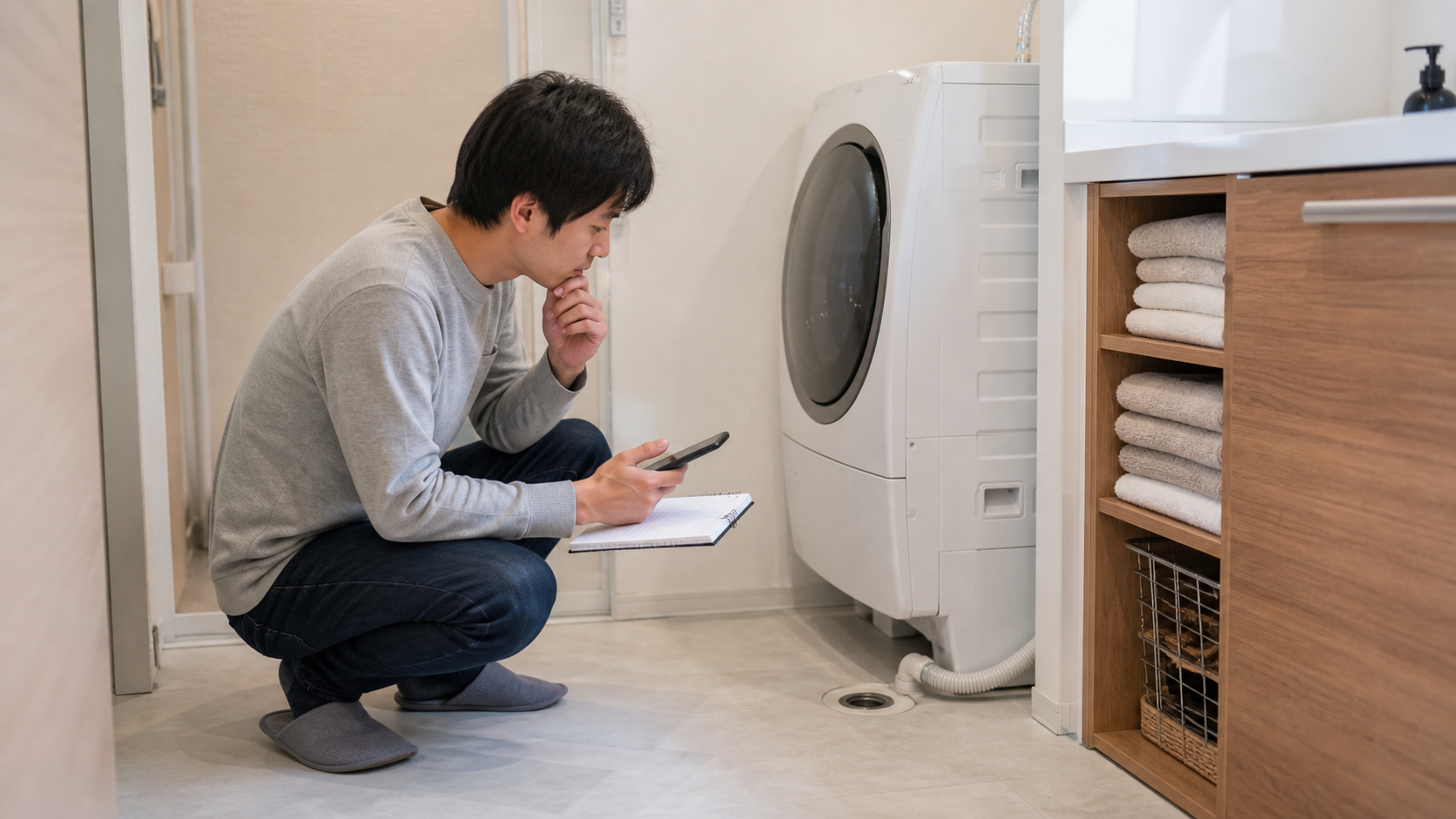 洗濯パンなしの設置を購入前に比較している生活シーン