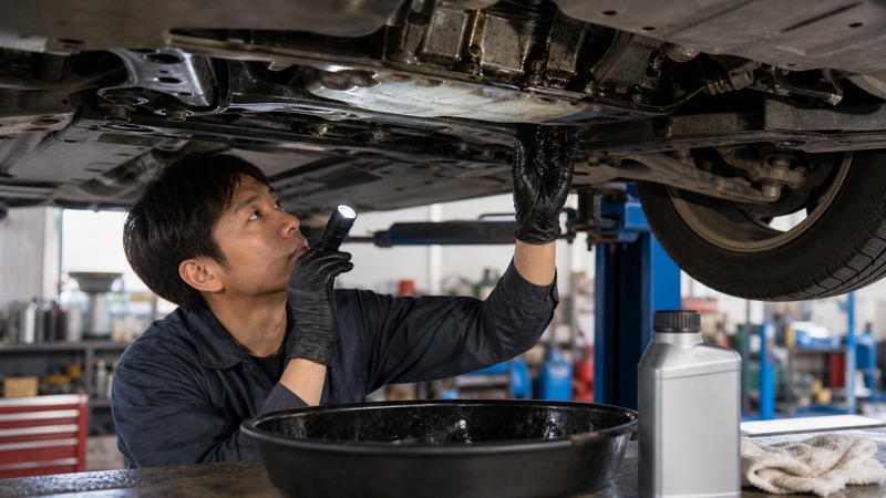 オイル漏れの場所を整備工場で点検しているイメージ