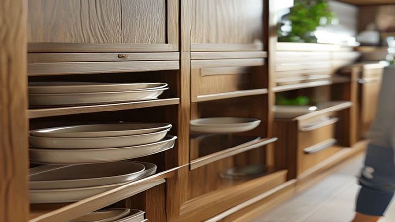 食器棚の引き出しレールや収納量を確認しているイメージ