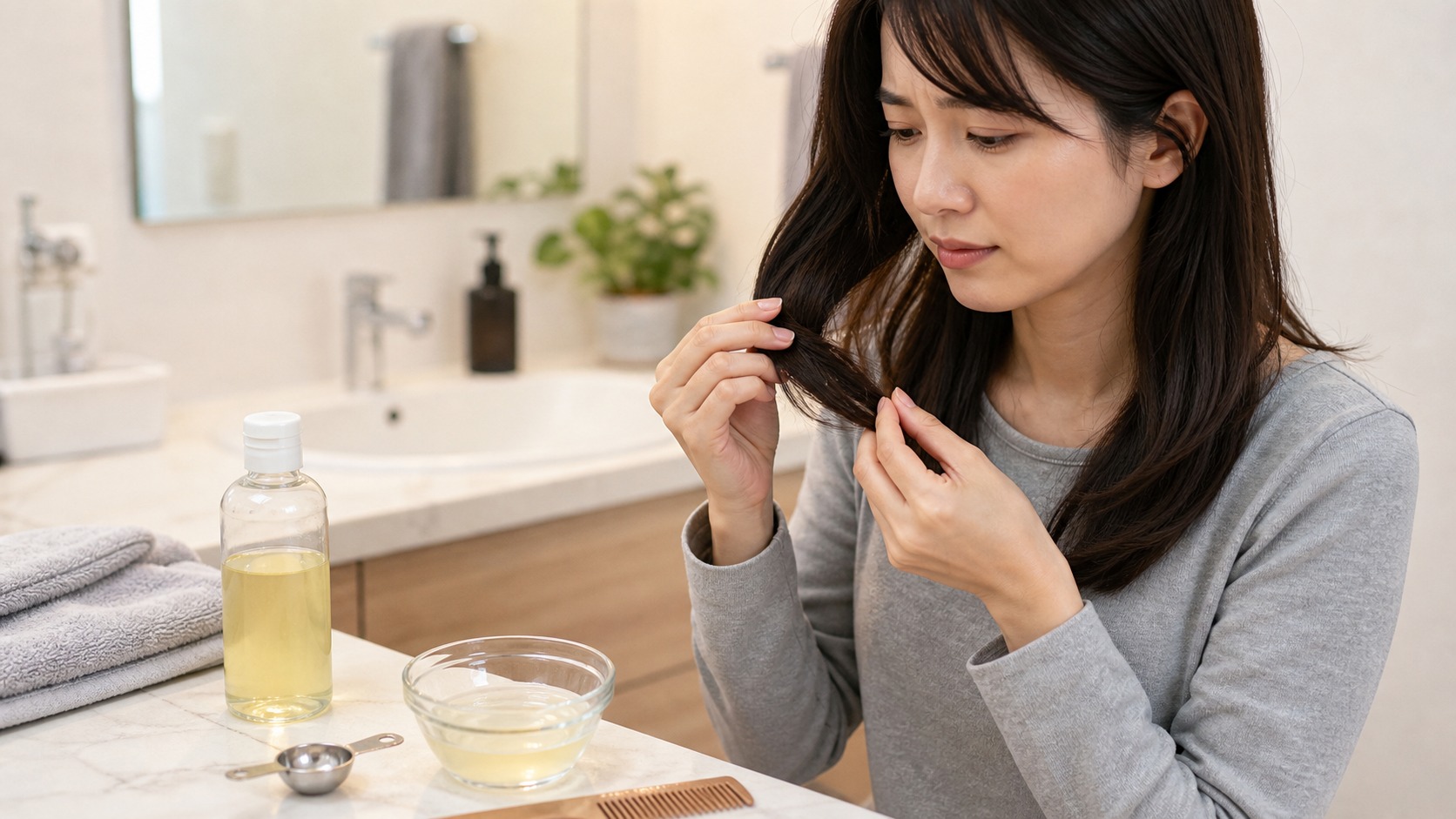 酢リンスのデメリットや注意点を確認するイメージ