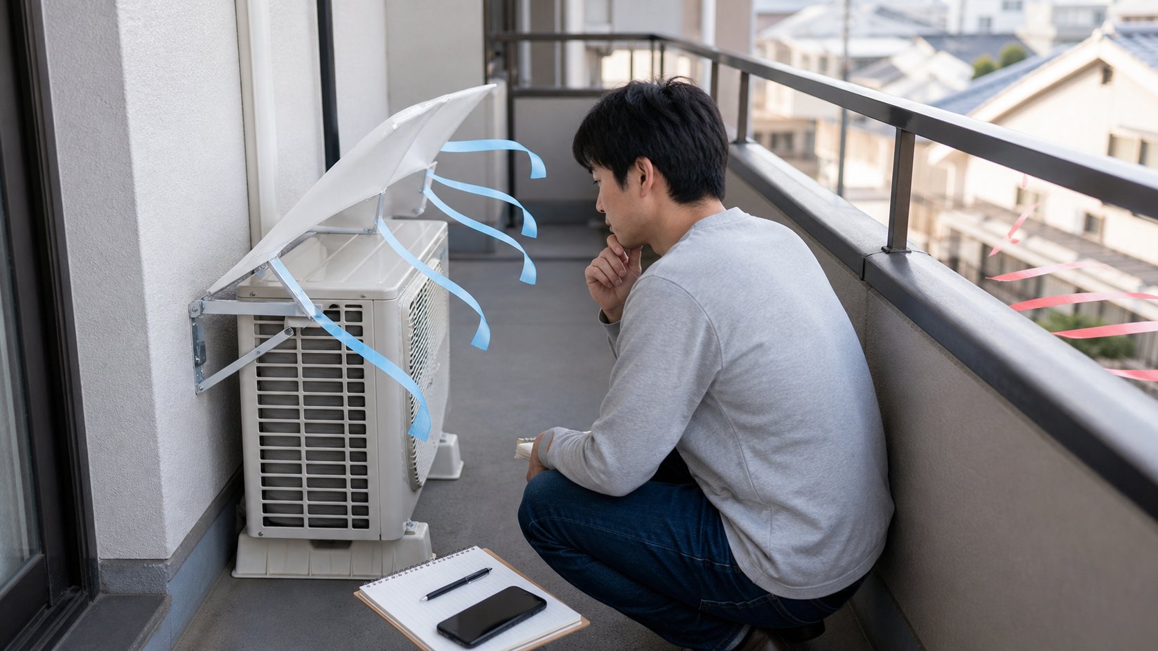 室外機風向調整板の取り付けや風向きを確認するイメージ