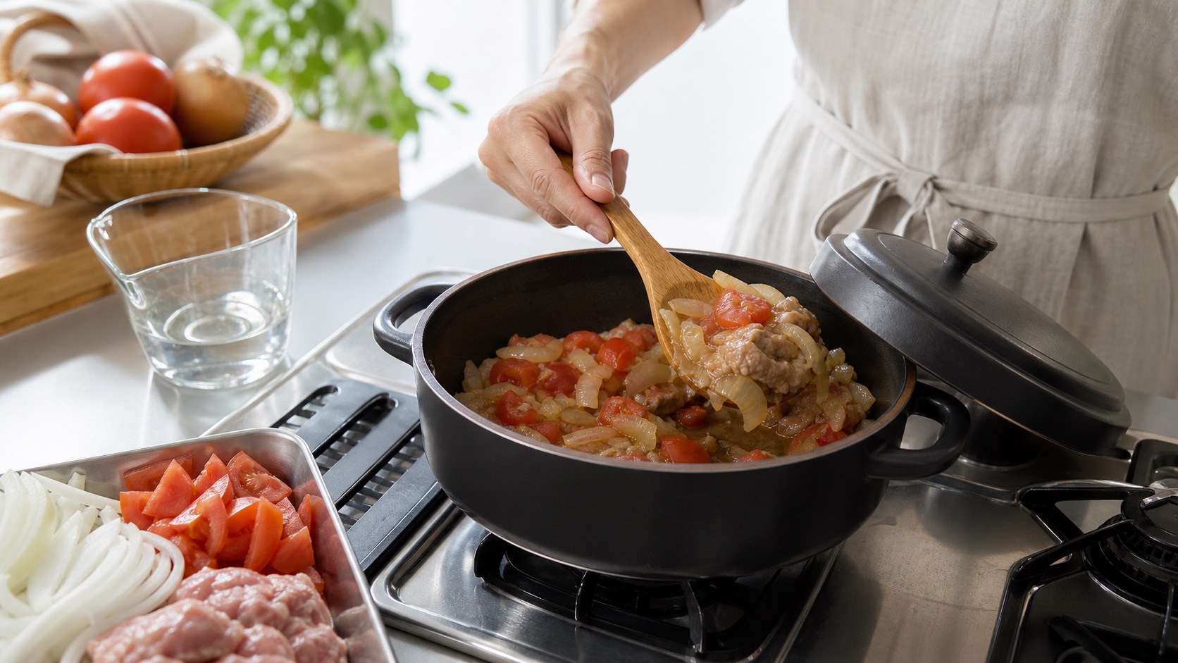 無水カレーの具材と鍋底の水分を確認しているキッチンの様子