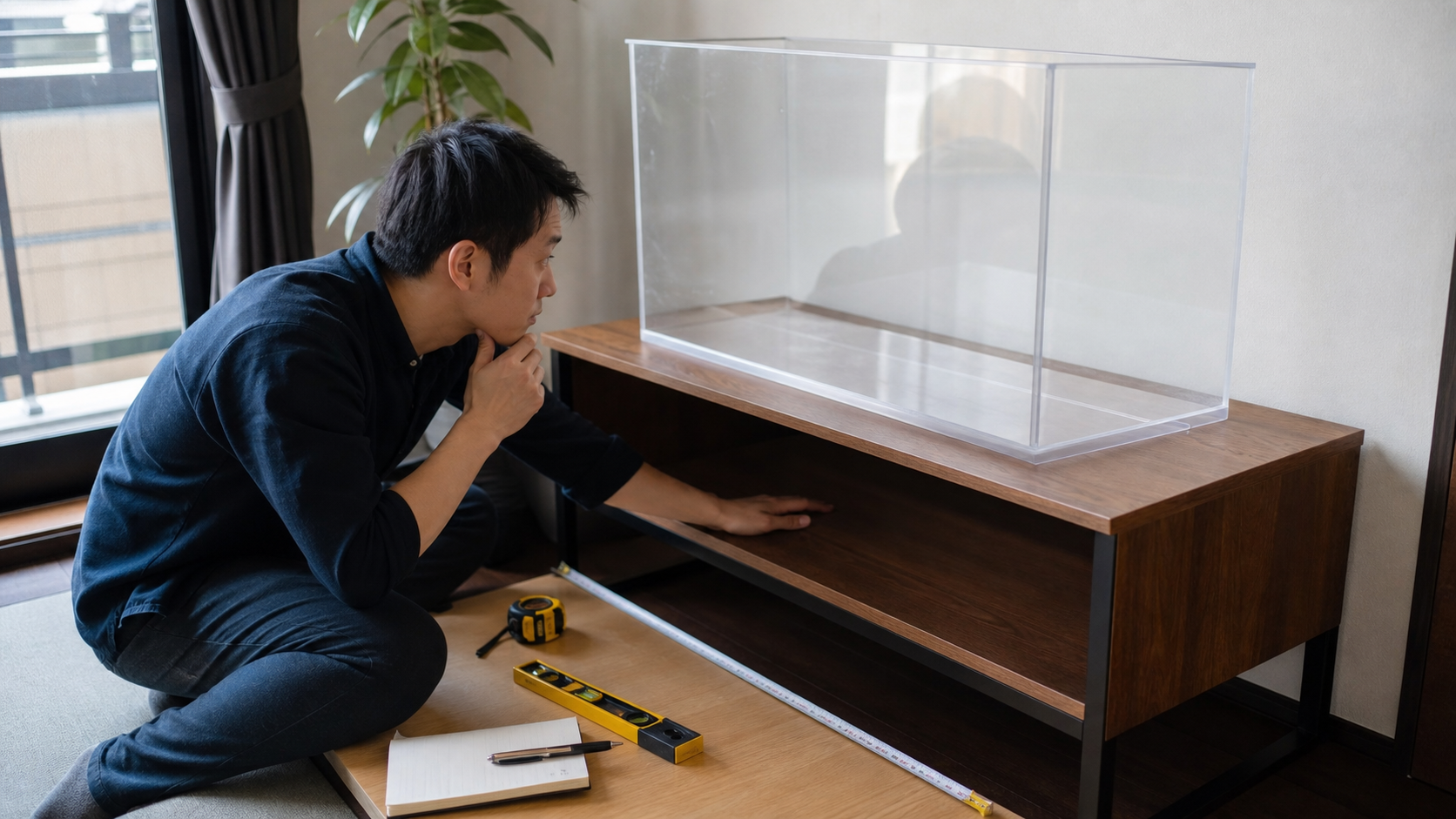 アクリル水槽とガラス水槽を比較しているイメージ
