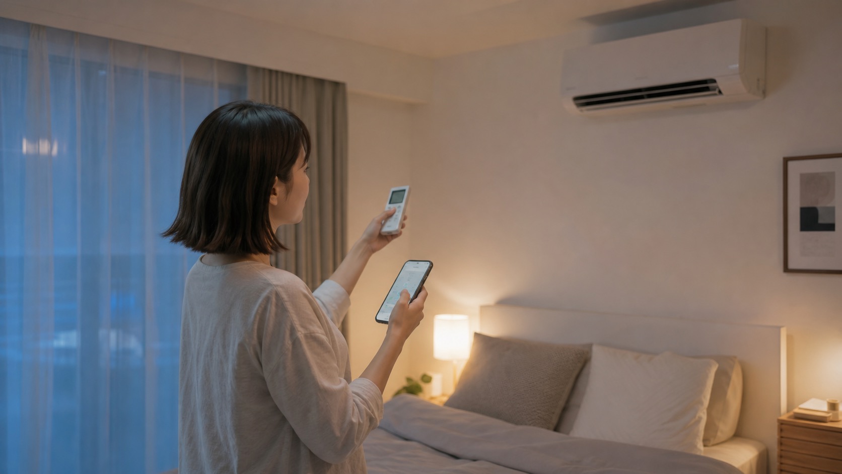 エアコンのリモコンやスマホを見ながら機能比較をしているイメージ
