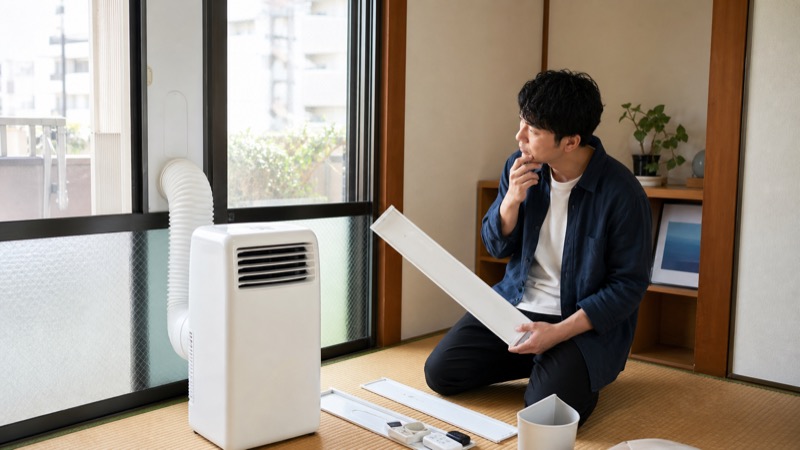 ポータブルクーラーの排熱ダクトと窓パネルを比較しながら選んでいる室内のイメージ