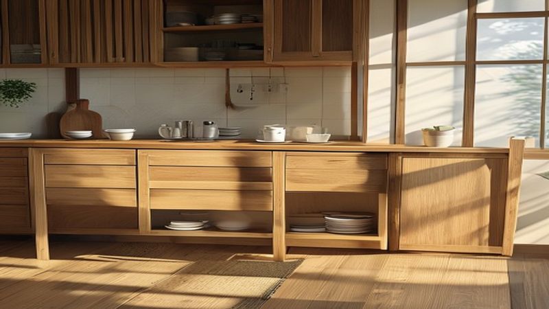 食器棚の引き出しタイプと開き戸を比較しているイメージ