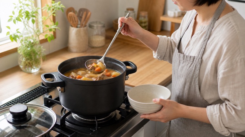 減圧鍋で煮込み料理を仕上げながら食材のやわらかさを確認するイメージ
