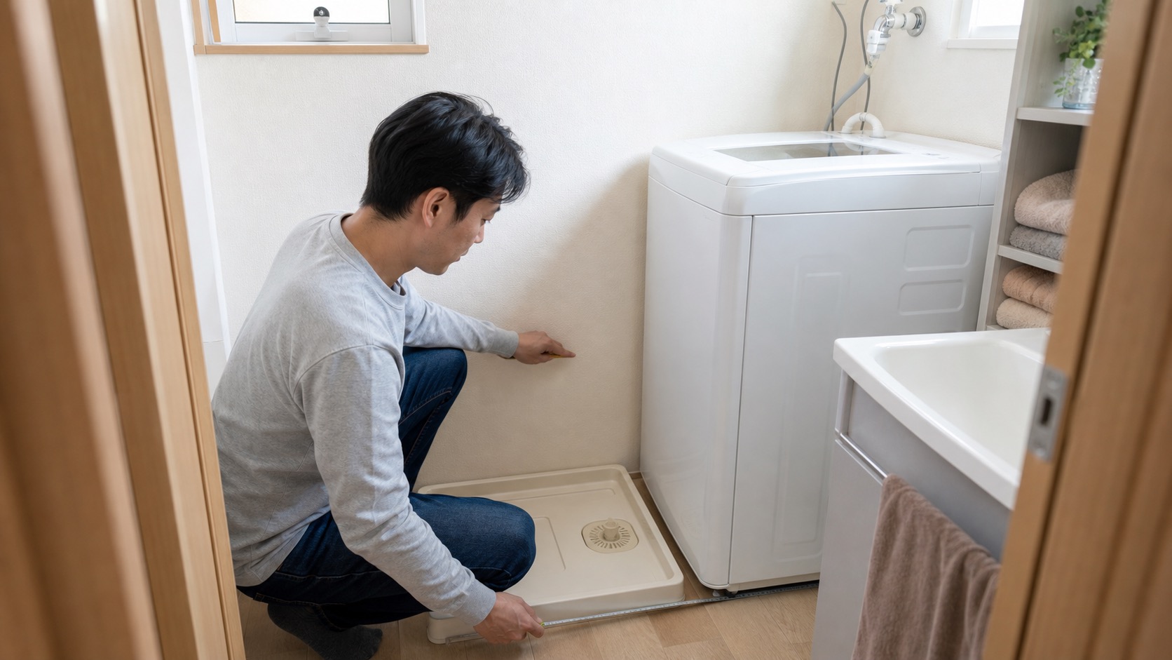 洗濯機まわりの広さや防水パンを確認しながら設置を考えているイメージ