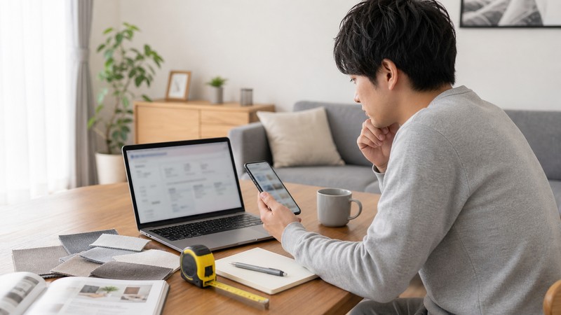 家具350のサイズや口コミを比較しているイメージ