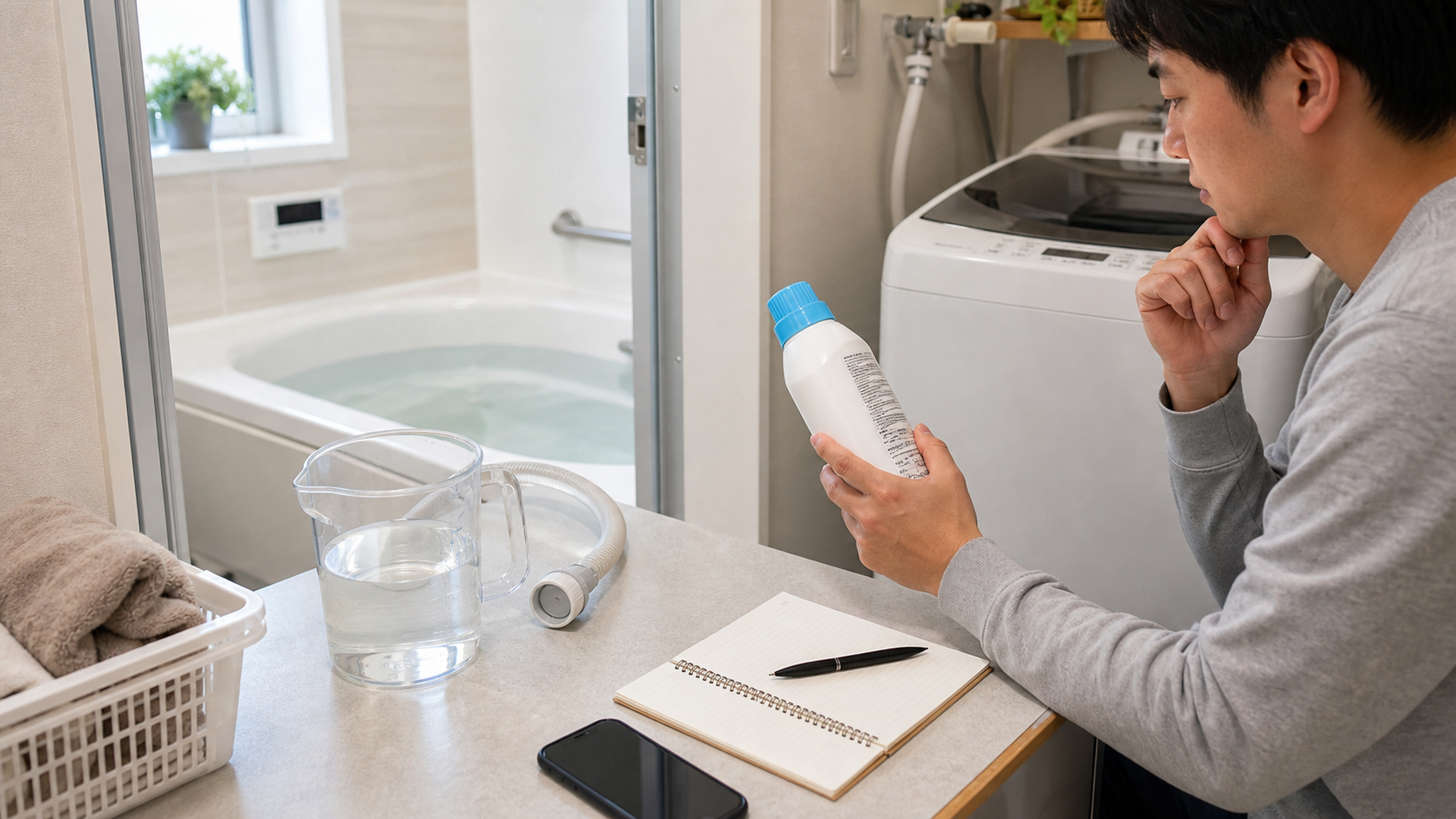 風呂水洗浄剤の使い方と洗濯利用を比較しているイメージ