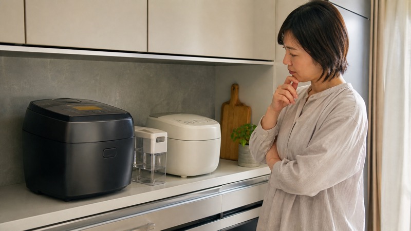 キッチン棚で蒸気レス炊飯器と蒸気カット炊飯器を比較しているイメージ