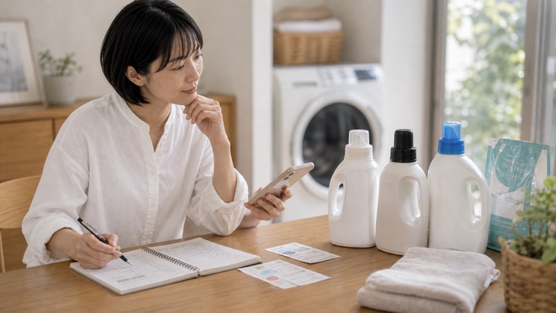 アラウ洗剤の価格や口コミを比較しているイメージ