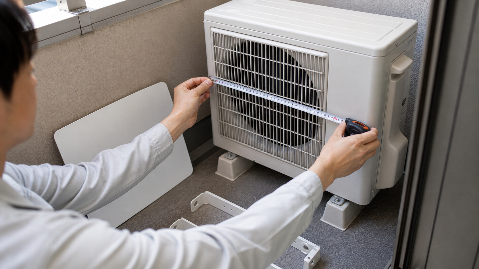 ベランダで室外機風向調整板のサイズを比較しているイメージ