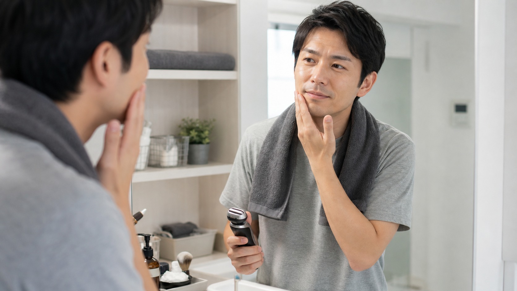 お風呂剃り対応シェーバーが自分に合うか判断しているイメージ