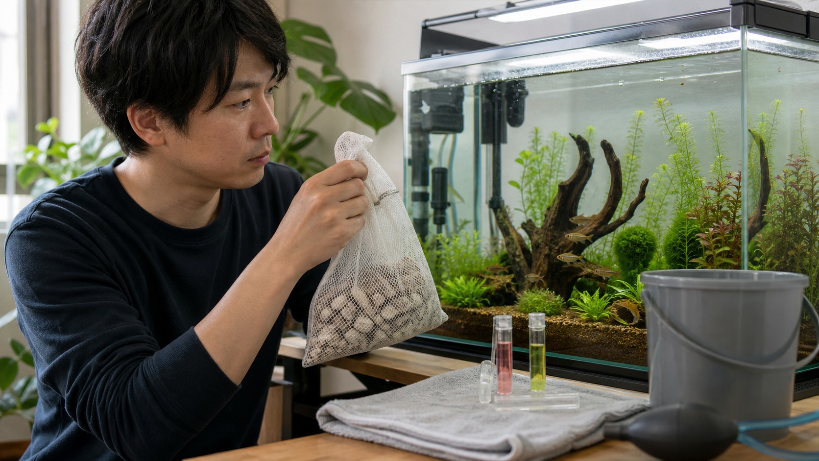 水槽の牡蠣殻が自分の環境に合うか判断しているイメージ