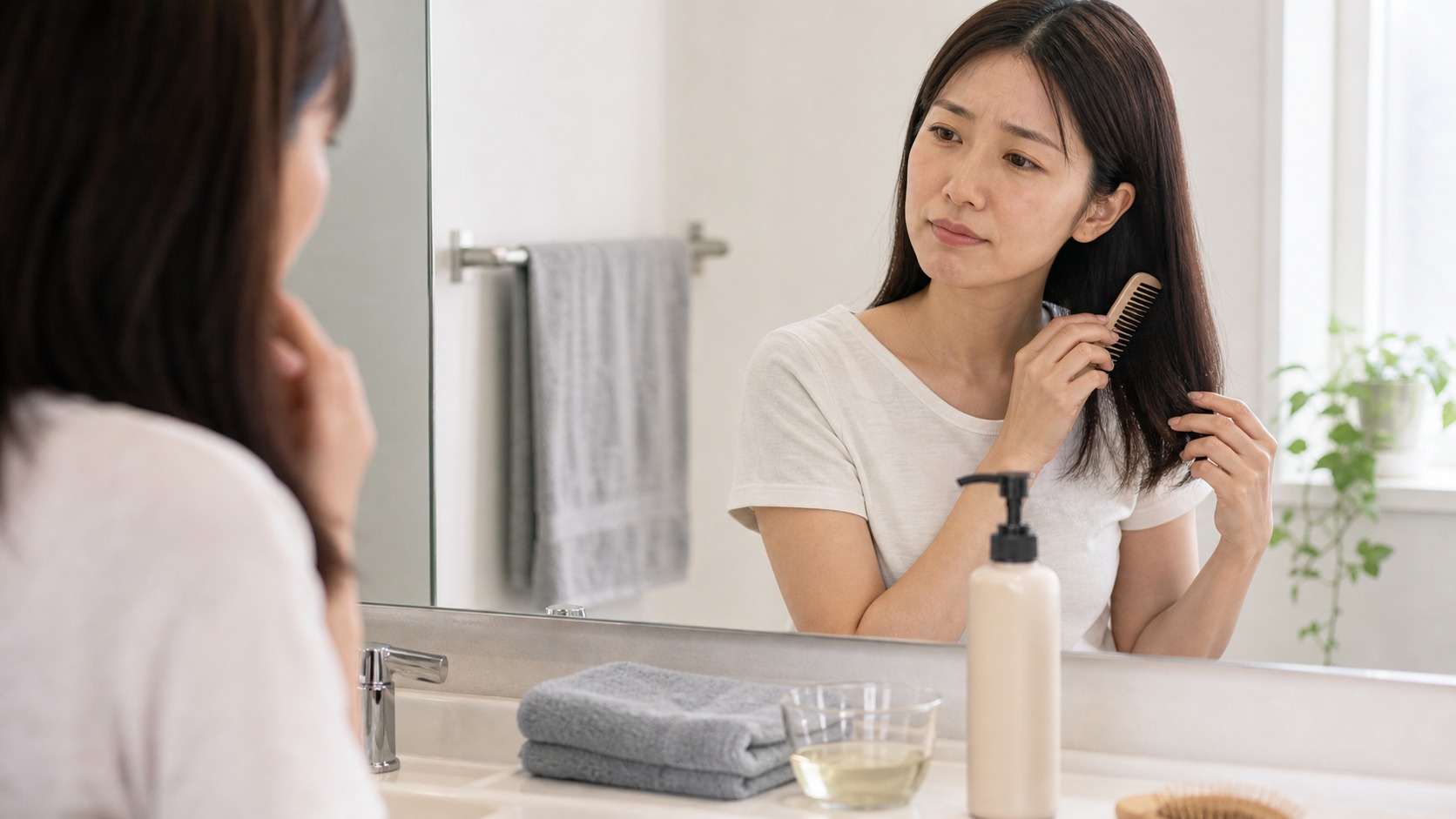 酢リンスが自分に合うか判断しているイメージ