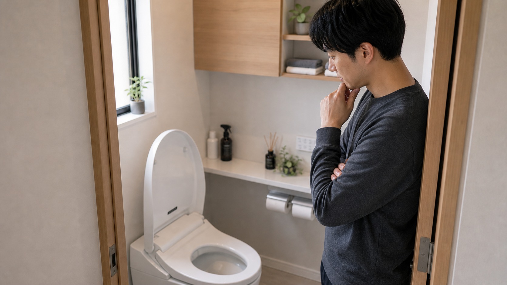 トイレ自動開閉が自分に合うか判断しているイメージ