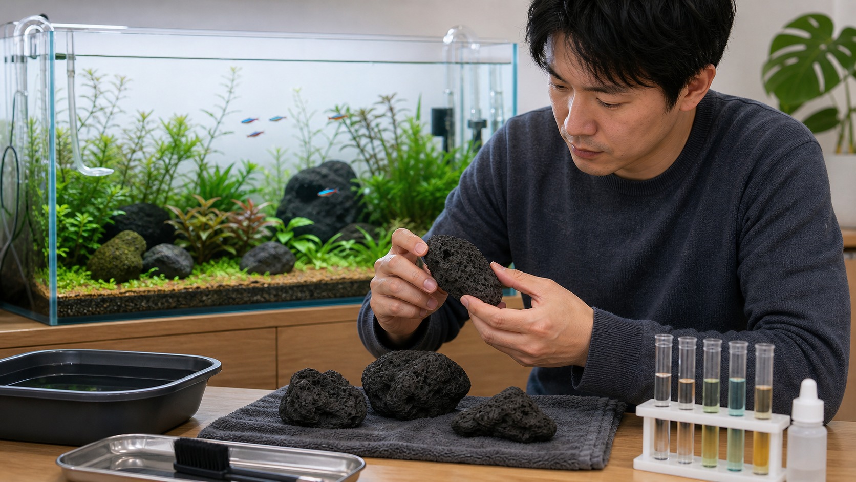 水槽用の溶岩石が自分に合うか判断しているイメージ