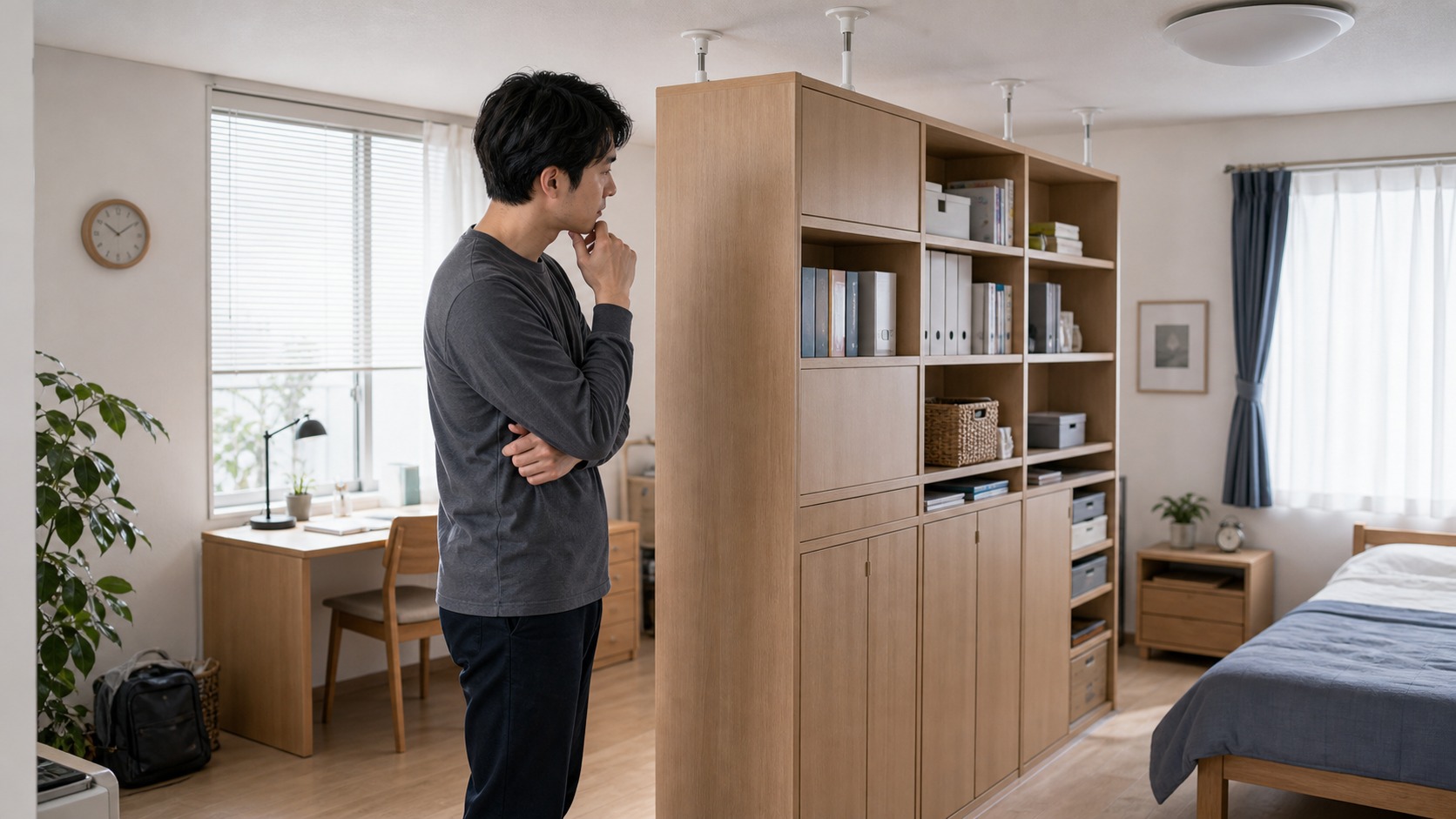 可動間仕切り収納が自分に合うか判断しているイメージ