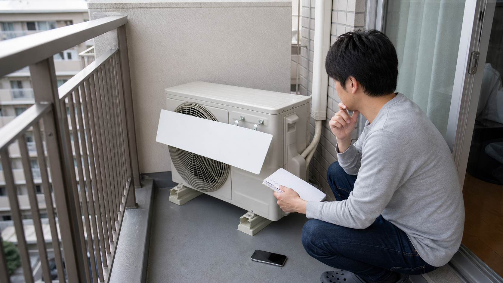 室外機風向調整板が自宅に合うか判断しているイメージ