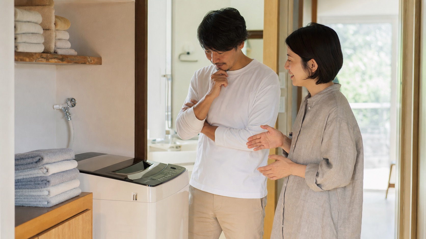 縦型洗濯機の前で家族の使い方に合うか落ち着いて比較しているイメージ