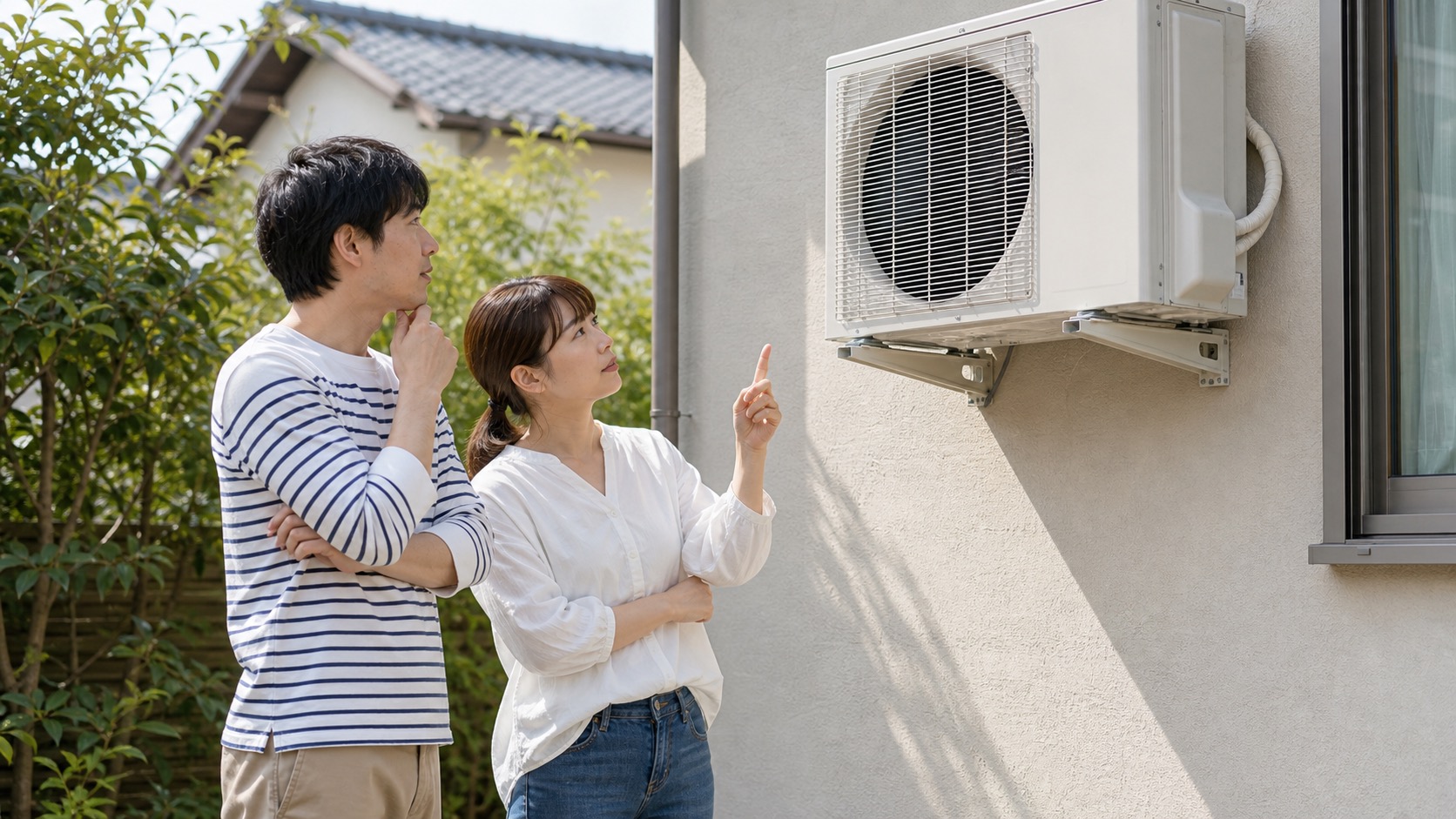 室外機の壁掛け設置が自宅に合うか家族で相談しているイメージ