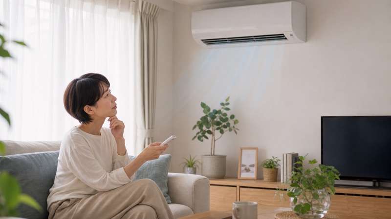リビングで空気清浄機能付きエアコンが自分に合うか考えながら比較しているイメージ