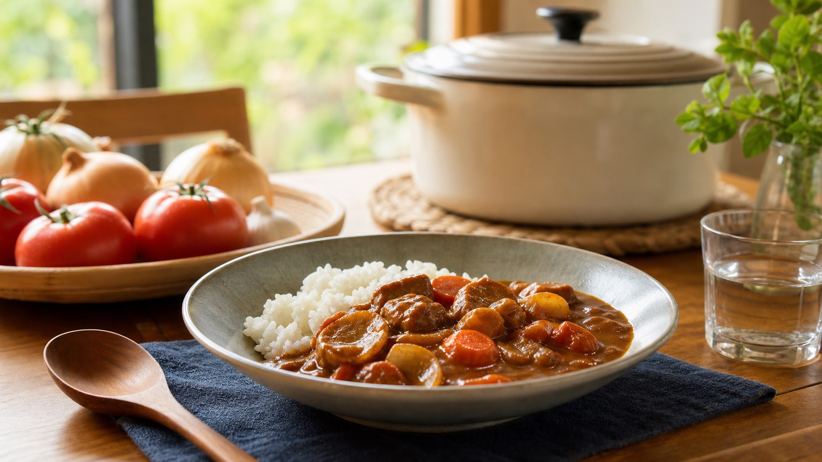 完成した無水カレーを食卓で確認している明るい室内の様子