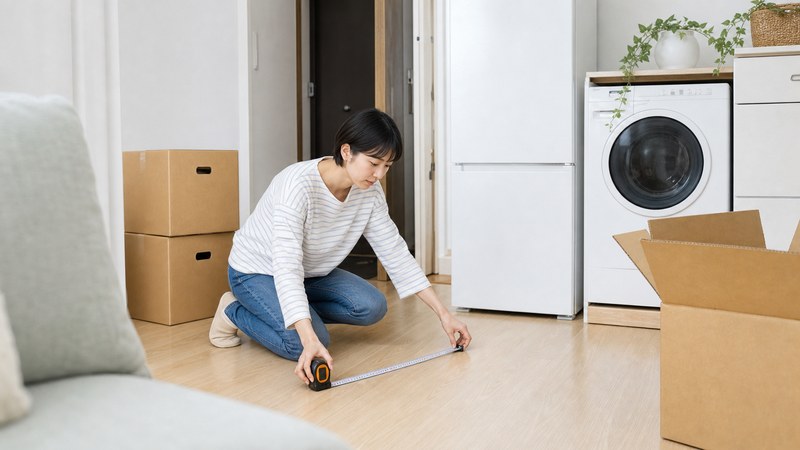 レンタル家電の搬入前に部屋のサイズを確認するイメージ