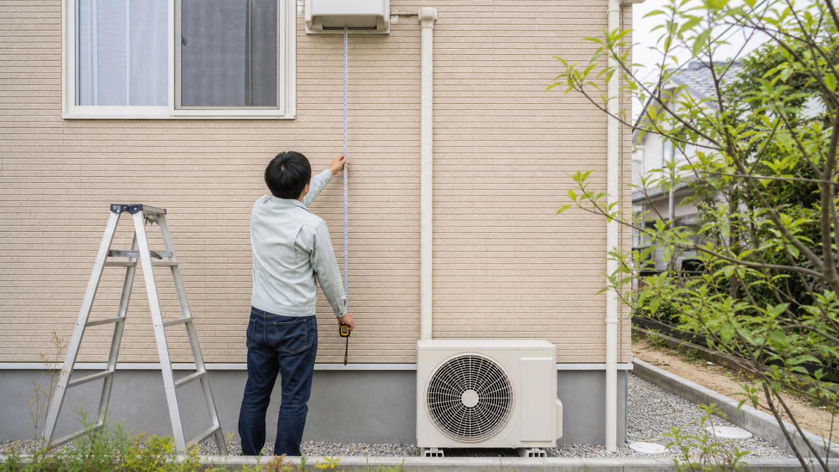 2階のエアコンから1階の室外機までの配管を確認する様子