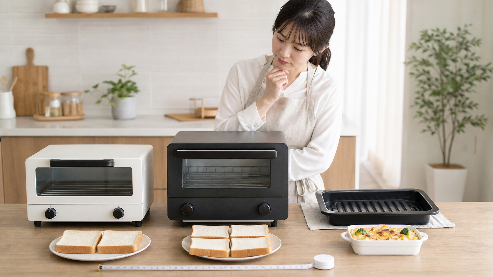 2枚焼きトースターと4枚焼きトースターを比較する様子