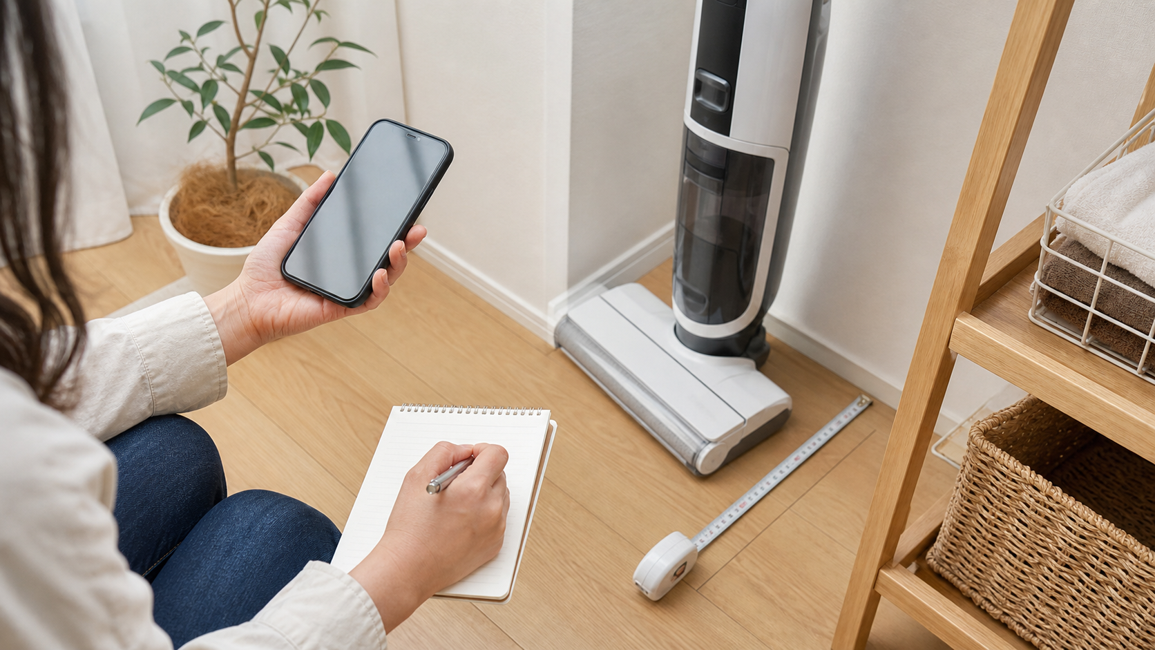 水拭き掃除機の仕様や口コミをスマートフォンで確認する様子