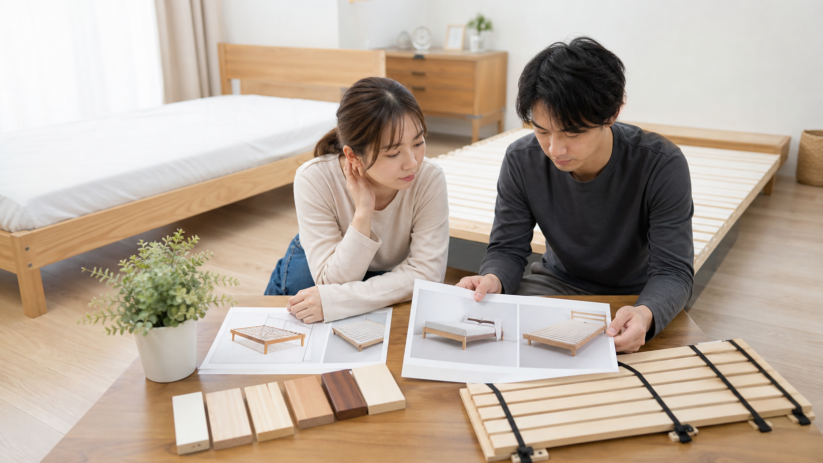 すのこベッドの種類を購入前に比較する様子