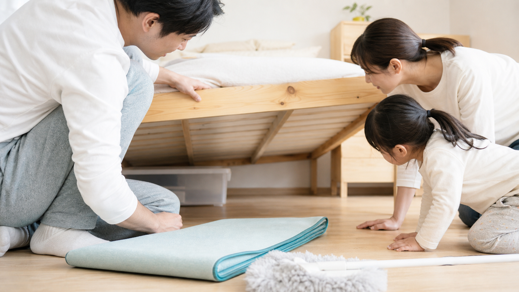 すのこベッド下の湿気と掃除しやすさを確認する様子