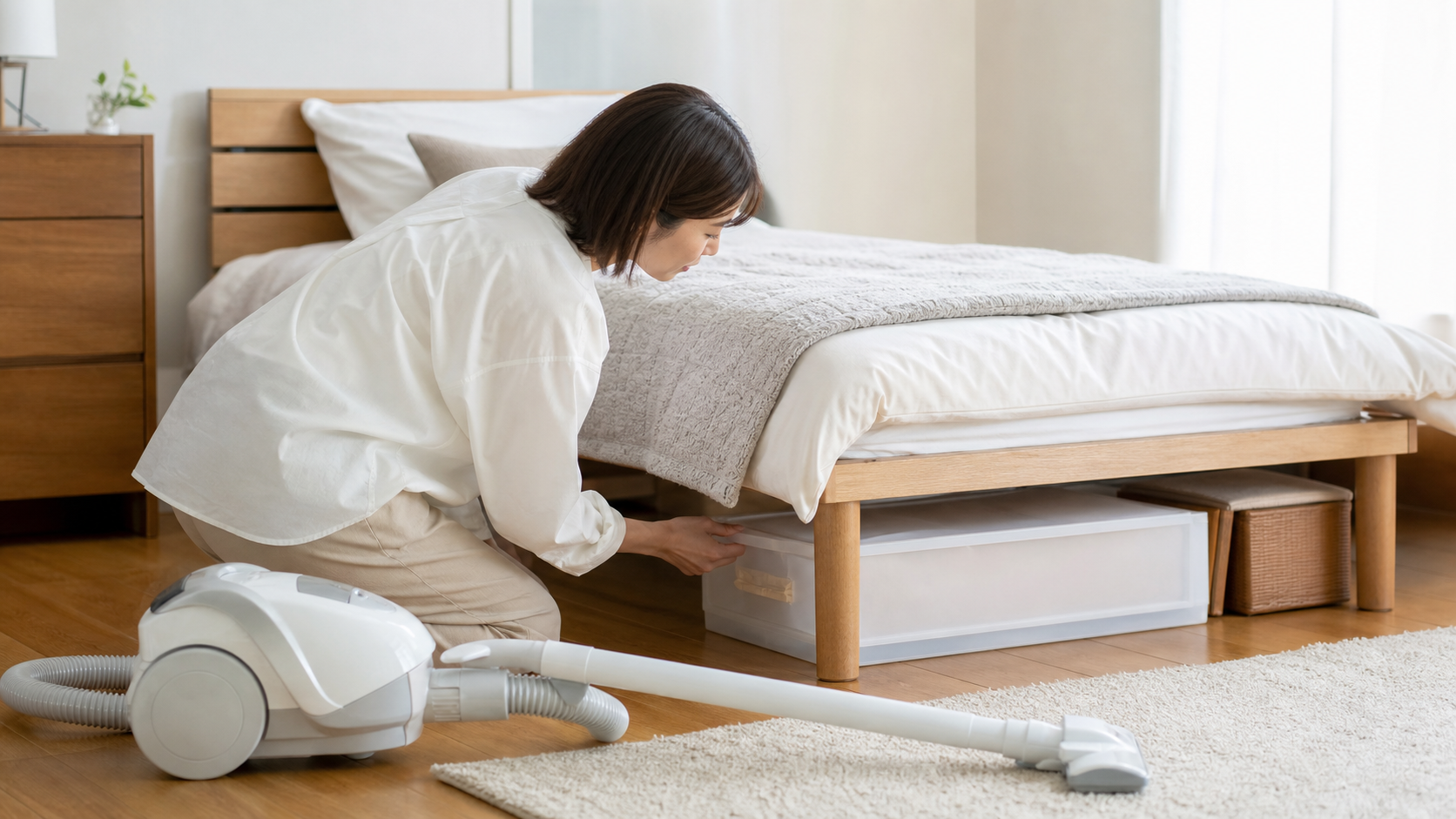 すのこベッド下の収納と掃除のしやすさを確認する様子