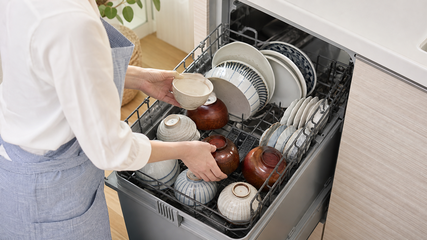 食洗機に茶碗や汁椀を並べる様子