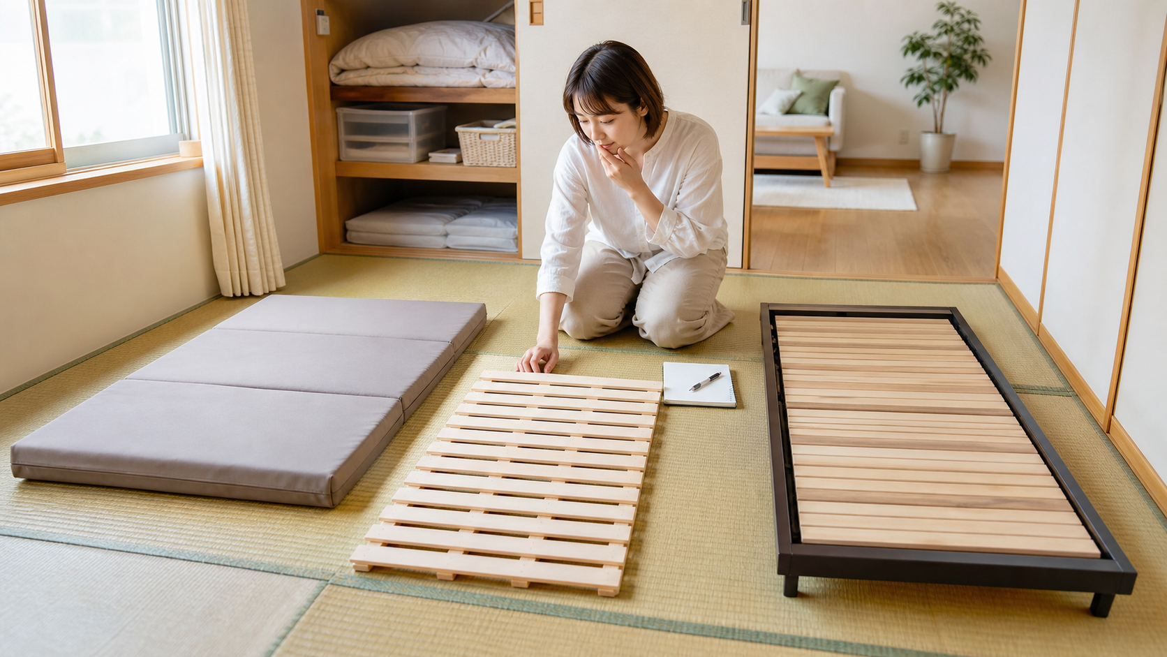 押入れベッドとすのこマットや折りたたみマットレスを比較する様子