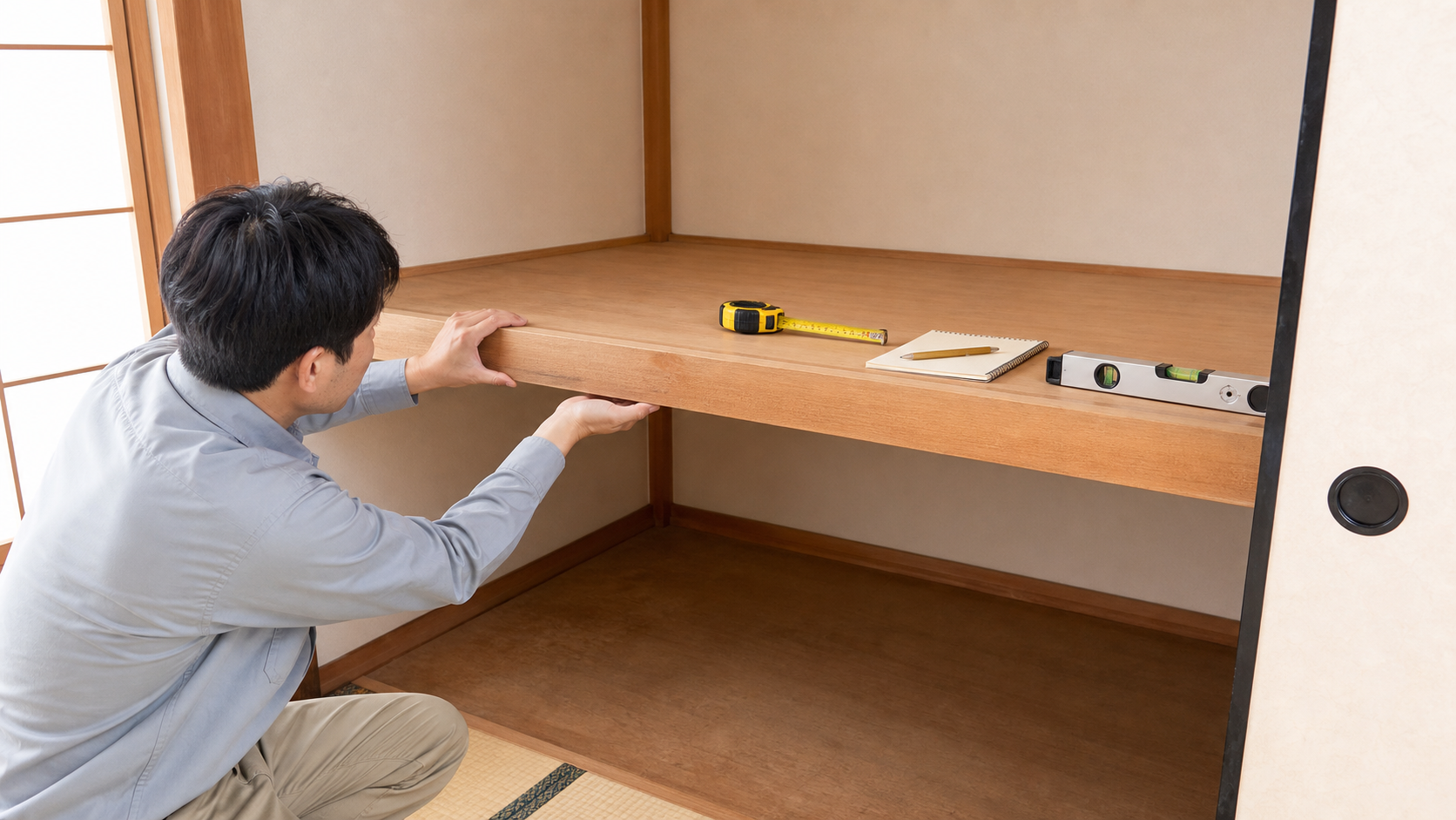 押入れの中段板と支え部分を確認する様子
