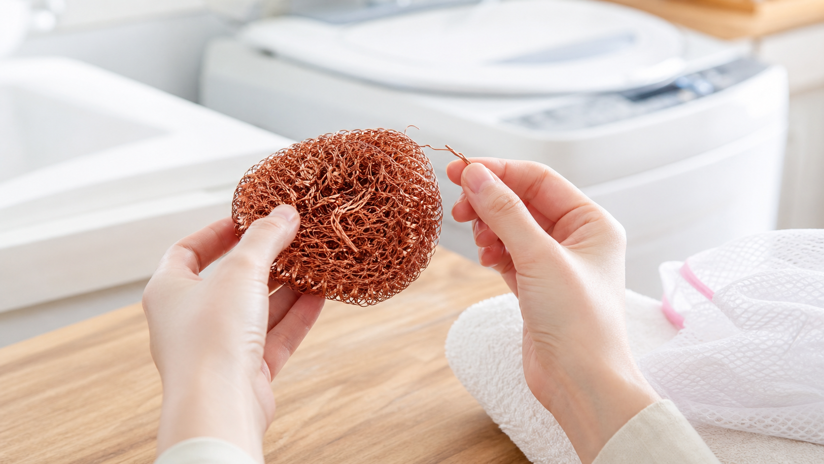 銅たわしの金属線のほつれを洗濯前に確認する様子