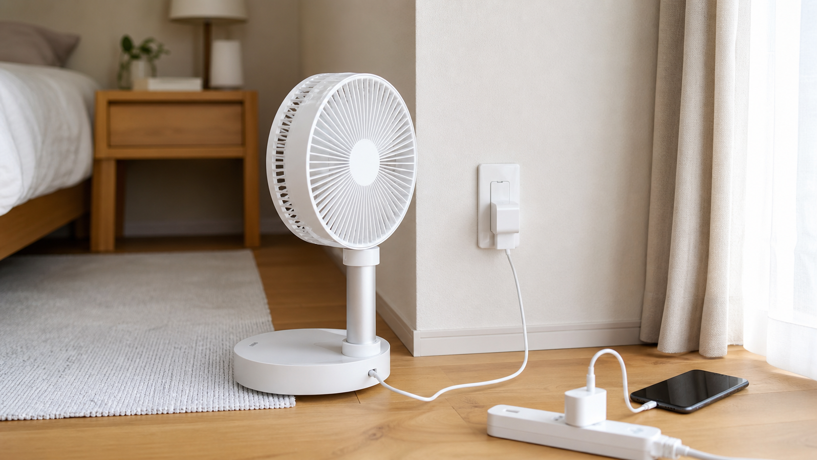 コードレス扇風機をコンセント近くで充電する様子