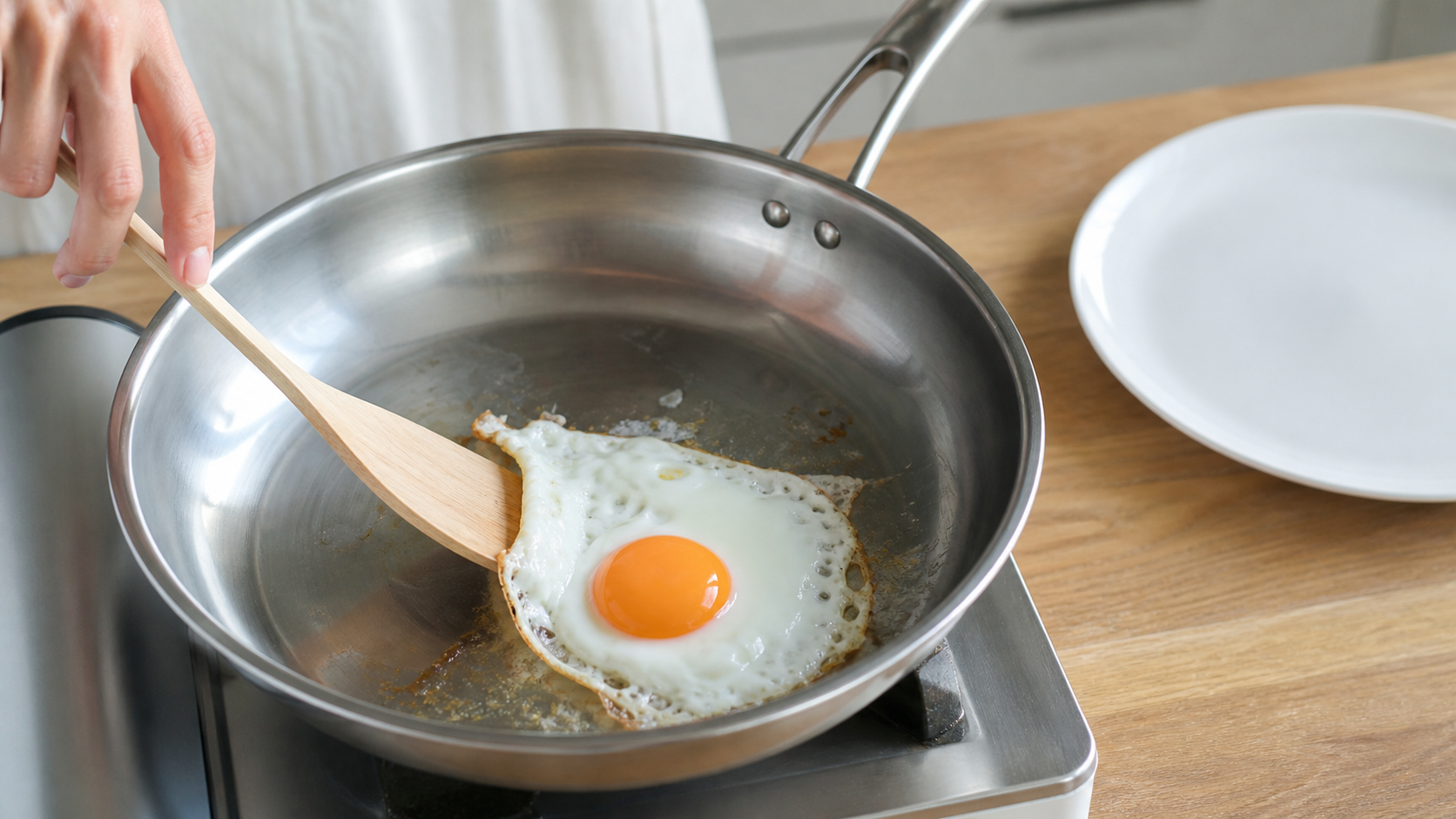 ステンレスフライパンで卵料理のくっつきやすさを確認する様子