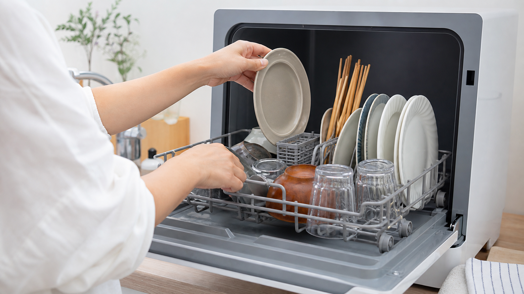 卓上食洗機に日常の食器を入れて容量を確認する様子