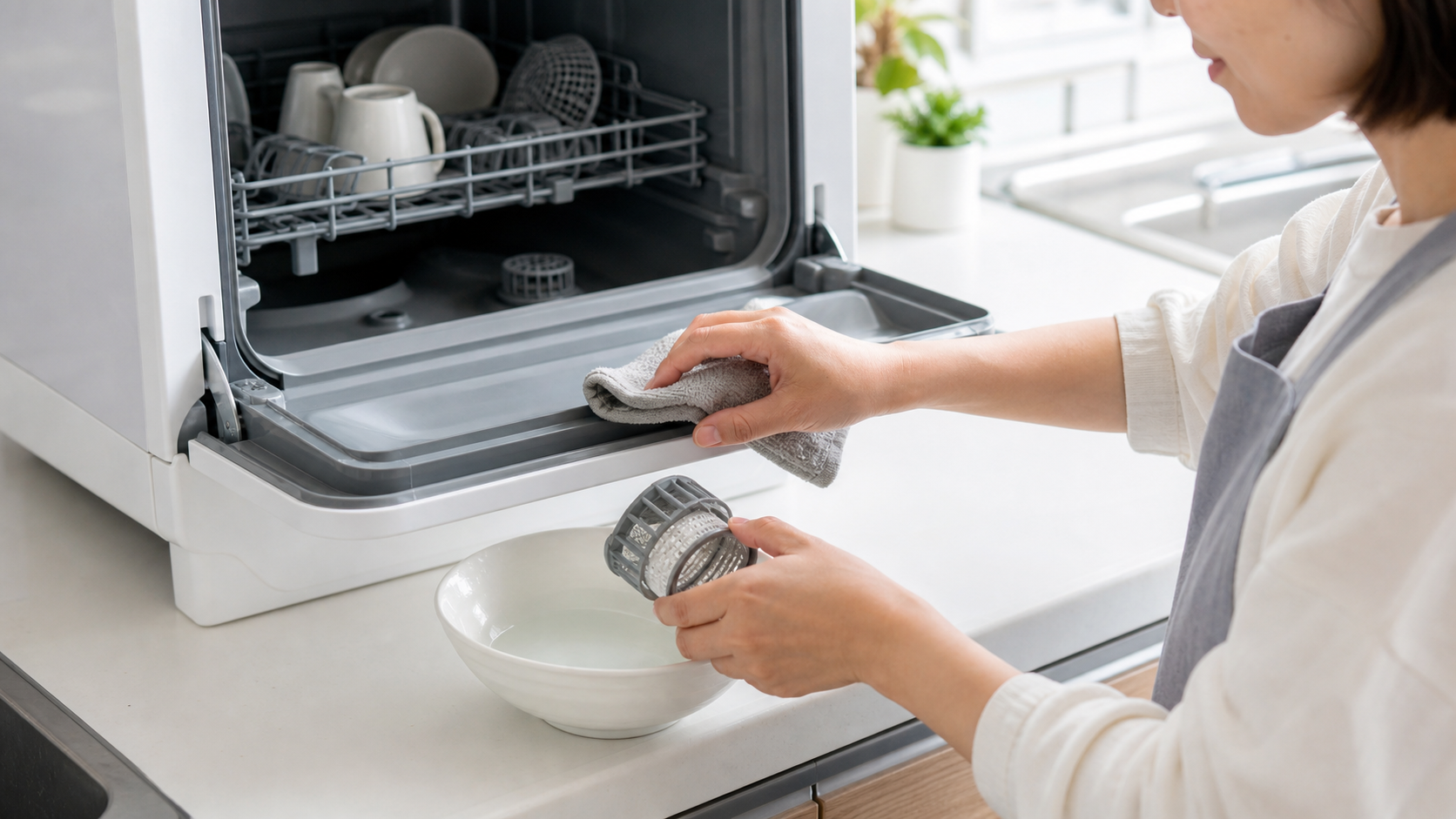卓上食洗機のフィルターと扉まわりを手入れする様子