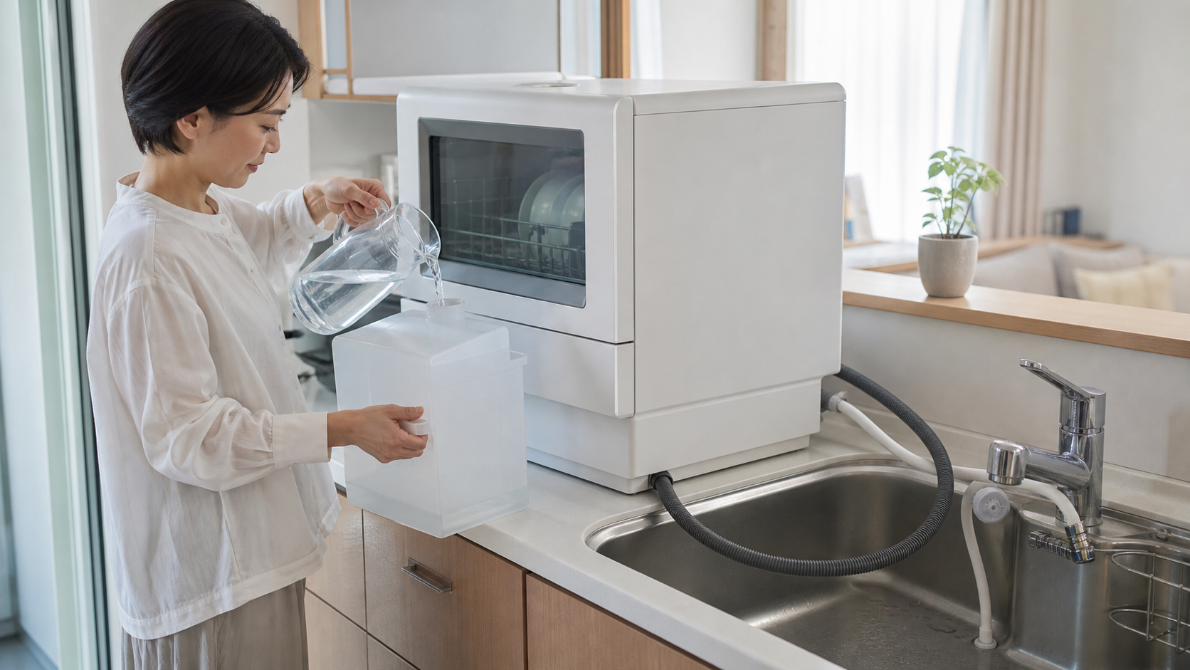 タンク式食洗機に給水し、排水ホースの位置を確認する様子