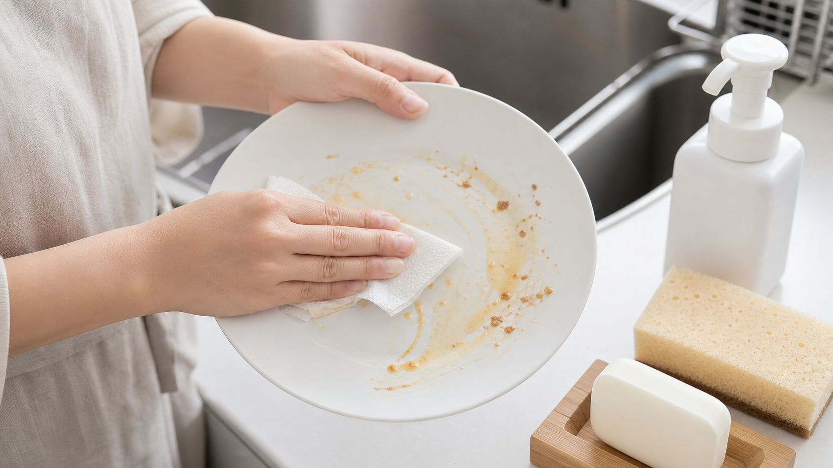 油汚れの皿を洗う前にキッチンペーパーで拭き取る様子