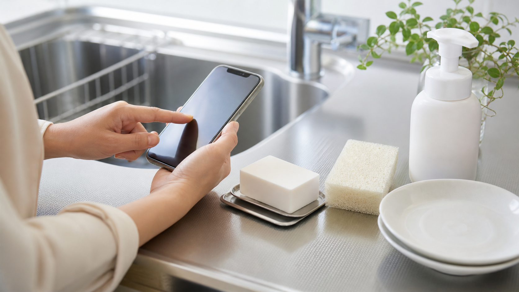 食器洗い石鹸の口コミと使い方をスマートフォンで確認する様子