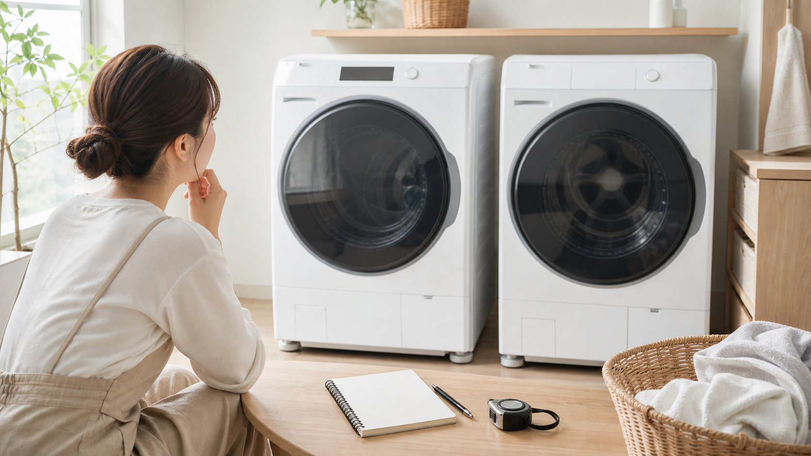 ヒートポンプ式とヒーター式のドラム式洗濯機を購入前に比較する様子