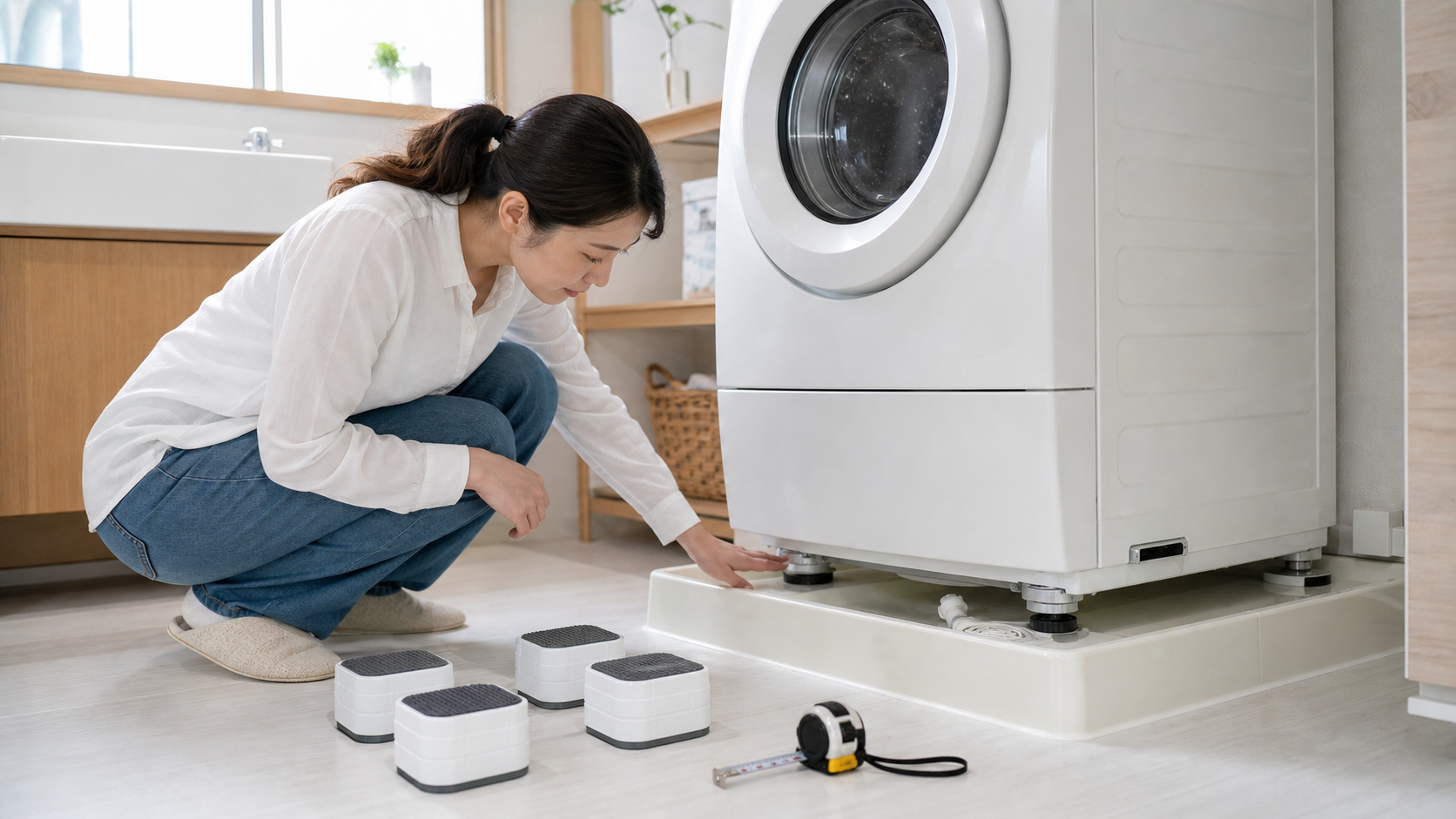 ドラム式洗濯機のかさ上げ台を購入前に確認するランドリールームの様子